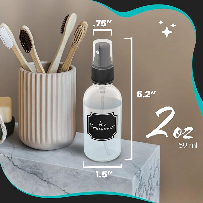 Nevlers Clear Glass Small Spray Bottle 2 Oz 48 Pack Body Spritzer Bottles | Mini Travel Spray Bottle Set with Funnel, Brush, Marker & Labels | Small Atomizer Mist Bottles for Perfume, Face & Hair