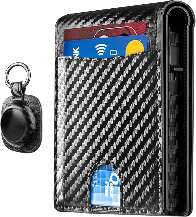 2026 Upgraded Minimalist Wallet for Men - RFID Blocking Credit Card Holder Case Leather Pop Up Aluminum Wallet with Cash Slot, Front Pocket ID Window Gift Boxed (Carbon Fiber - with Airtag Holder)
