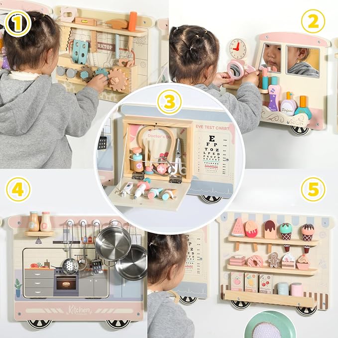 Wooden Sensory Wall Panel for Kids Activity Wall Busy Board with Wooden Toolboxes, Kitchen, Doctor Kit & More! Wall-Mounted Learning Toy for Preschoolers (3+), STEM Play