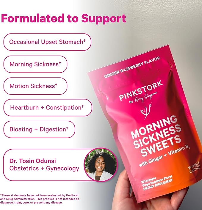 Pink Stork Morning Sickness Sweets, Organic Raspberry Ginger Candy with Vitamin B6, Support for Motion Sickness, Prenatal Heartburn - Pregnancy Must Haves - 30 Wrapped Drops
