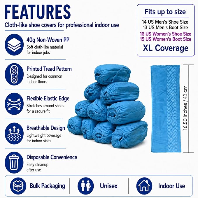 Innovative Haus Blue Indoor Disposable Shoe Covers - Disposable Non Slip Boot Covers - Indoor Reusable Booties - Treads - Water Resistant - 200 Pack, Extra Large