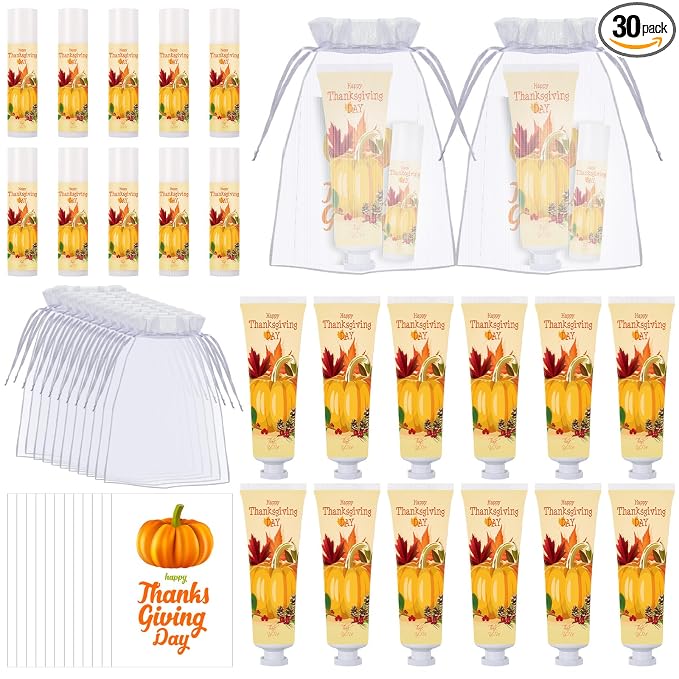 30 Sets Thanksgiving Fall Hand Cream and Lip Balm Set Pumpkin Friendsgiving Hand Cream Bulk Mini Pumpkin Lotion Travel Size with Organza Bag Tag for Thanksgiving Friends Giving Party Favor