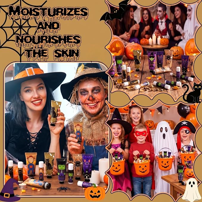 6 Pack Halloween Hand Cream and Lip Balm Gifts Sets for Women Mini Hand Lotion Bulk Travel Size Moisturizing Cream Halloween Party Favors for Boo Basket Stuffers 6 Natural Plant Fragrances