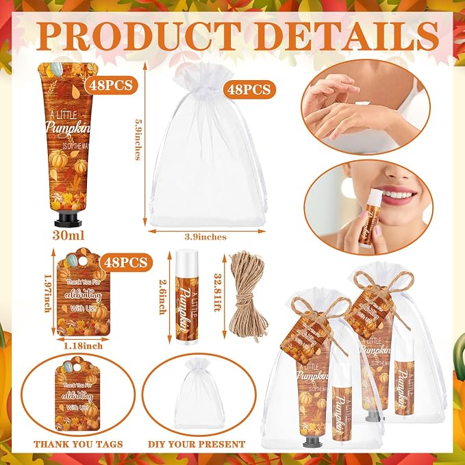48 Sets 192 Pcs Fall Thanksgiving Baby Shower Gifts Bulk Thanksgiving Little Pumpkin Hand Cream and Lip Balm Baby Shower Party Favors Travel Size for Guests Wedding Party Supplies