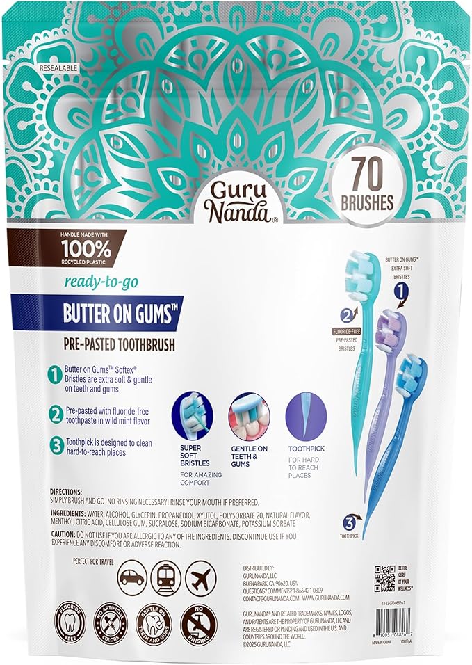 GuruNanda Ready-to-Go Disposable Mini Travel Toothbrushes - Butter on Gums Softex Bristles, Pre-Pasted Toothbrush & Toothpick - Fluoride-Free, No Rinsing Needed, 70 Ct (Pack of 2)