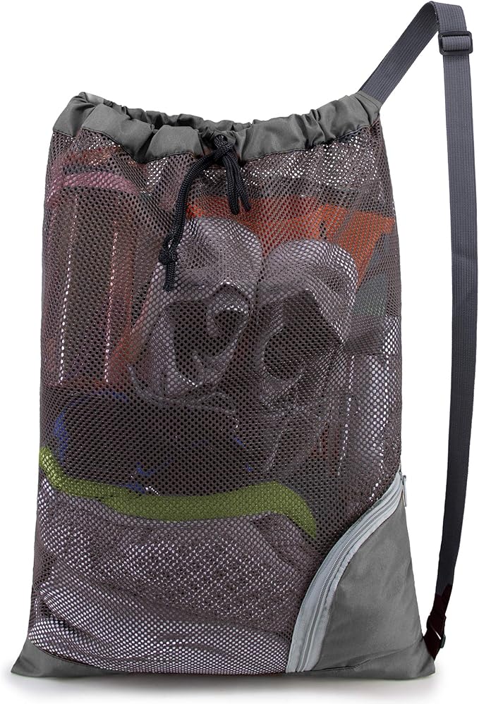 BeeGreen Mesh Drawstring Bag Swim Backpack for Beach Pool Sports Gym Draw String Cinch Bags for Swimming Soccer Basketball Gear Grey