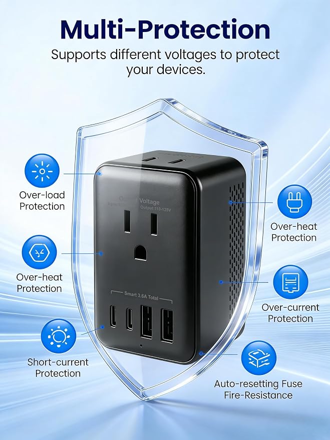 Travel Adapter Voltage Converter US to Europe Power Adapter Step Down Transformer 220V to 110V with 2 USB A 2 USB C & UK/AU/US/EU/﻿South Africa for Hair Dryer (Black)