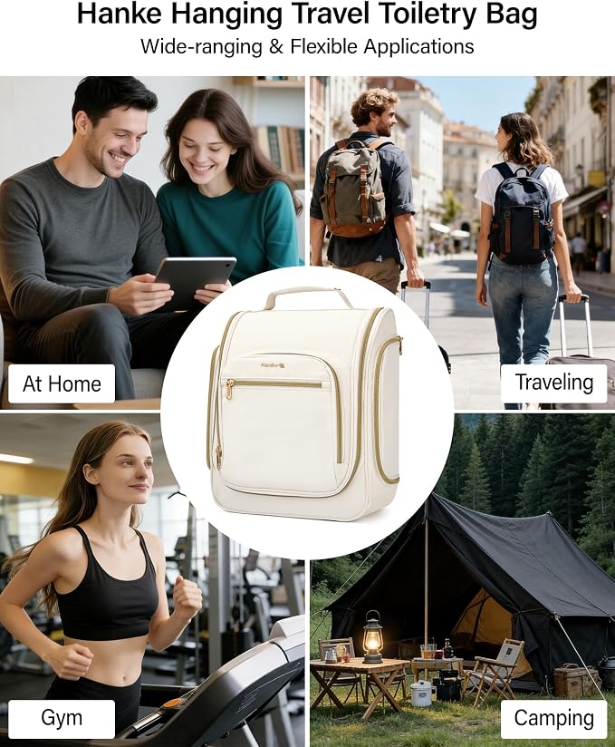 Hanke Hanging Travel Toiletry Bag for Men and Women, Water-Resistant Toiletries Bag Makeup Organizer with Hook, Cosmetic Bag for Bathroom & Travel Essentials Accessories, Off White