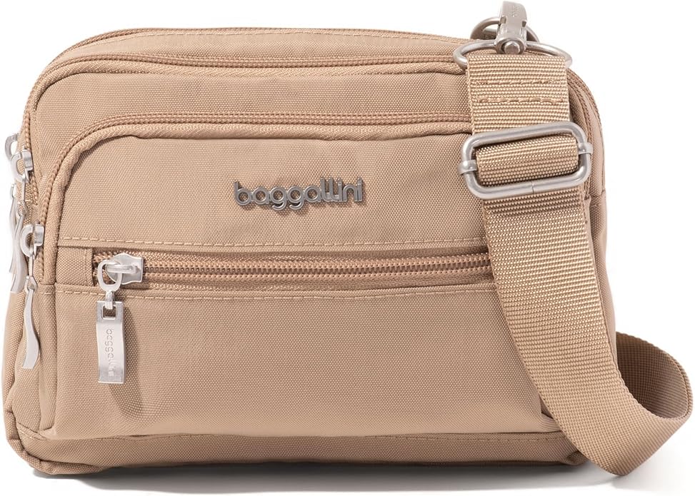 Baggallini Triple Zip Small Crossbody Bag for Women - Lightweight Convertible Fanny Pack Belt Bag