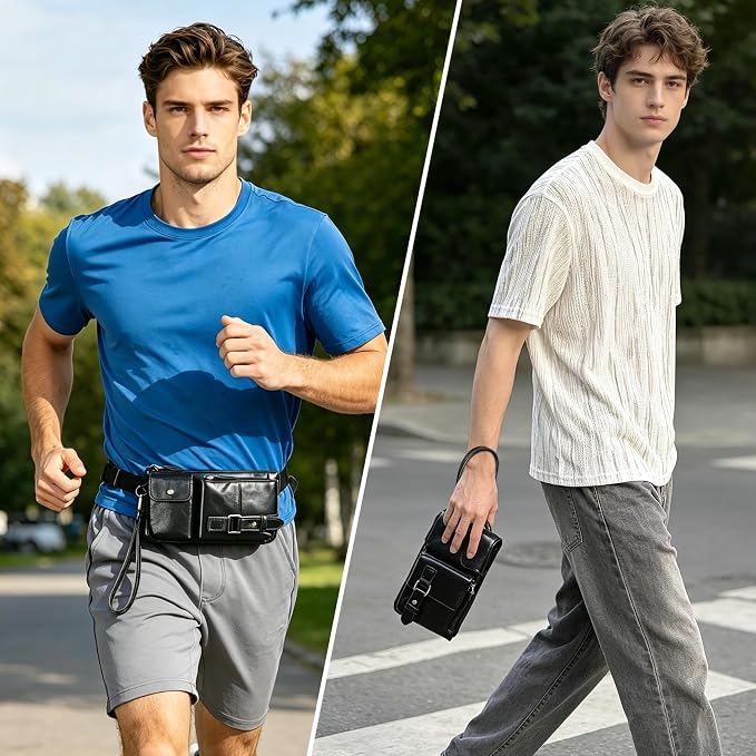 Water Resistant Canvas + Leather Hiking Riding Travel Fanny Waist Pack Small Phone Pouch For Men Women FB811-29 (100% Leather-The 8135 Black)