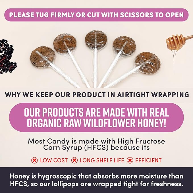 MommaBear Natural Sore Throat Care Lollipops – Elderberry & Honey Kids Cough Lollipops – Organic Sick Essentials Lolli Treats, No Artificial Additives – Tightly Sealed for Freshness (10 Pack)