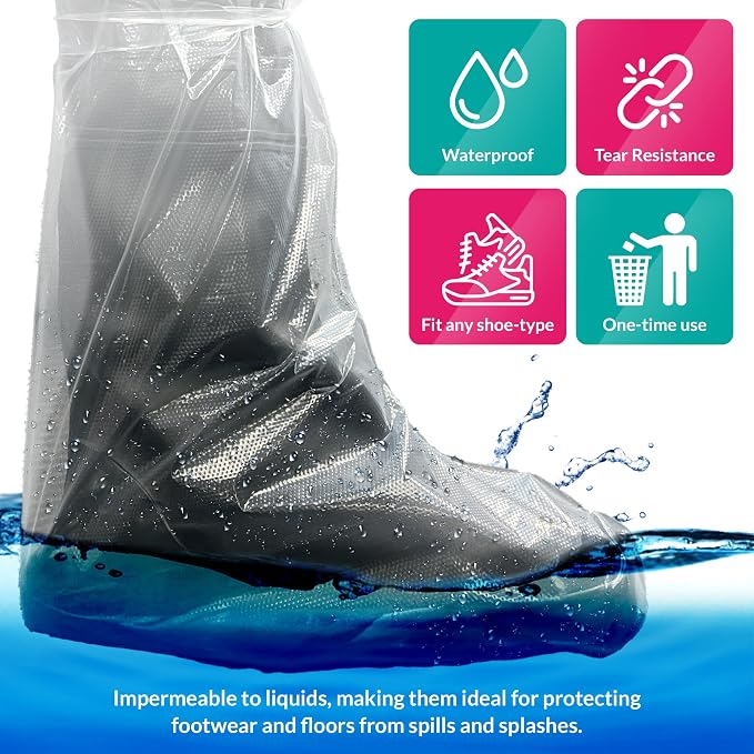 ABC Waterproof Disposable Boot Covers, XL Size. Pack of 500 Clear Disposable Booties for Shoes Covers. Disposable Shoe Covers for Indoors Non Slip. Shoe Booties Disposable Non Slip