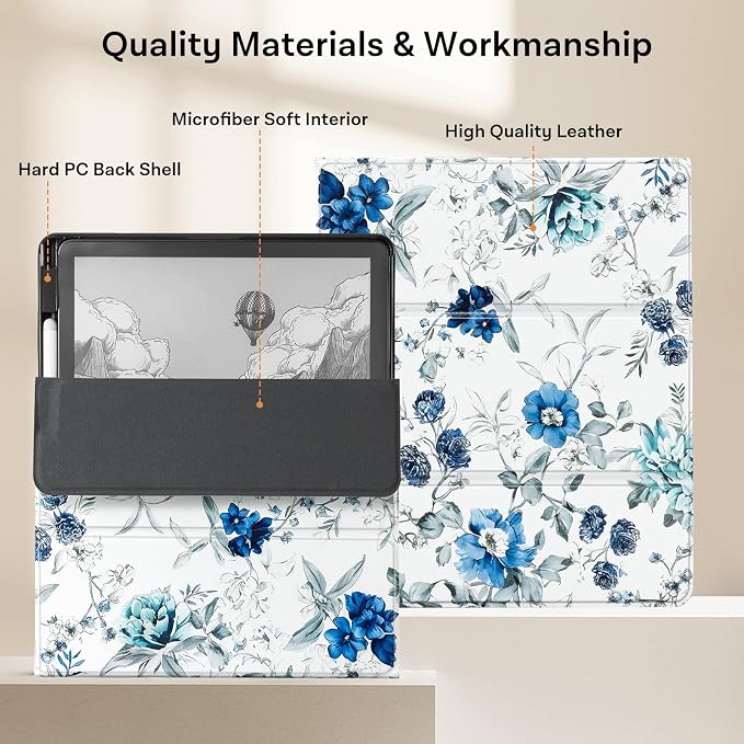 CoBak Case for 11" Kindle Scribe 3rd Generation 2025, Kindle Scribe Colorsoft with Two Viewing Angles - All New PU Leather Cover with Auto Sleep Wake, Pen Holder. Blue Blossom
