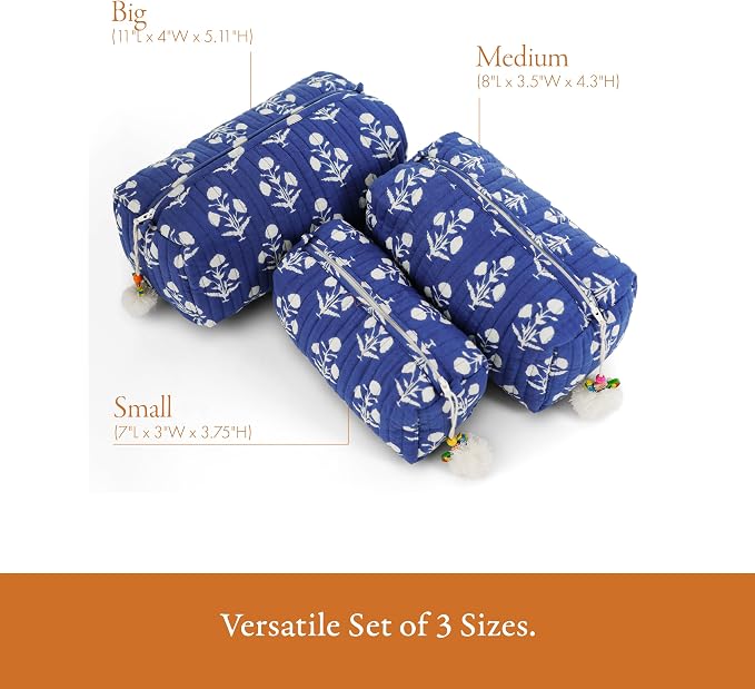 Saffron Marigold Quilted Makeup Bag Set of 3, Hand Block Printed Cotton Cosmetic Bags for Women, Waterproof Lined Travel Toiletry Bag, Coquette Floral Aesthetic, Handmade Gift, Fleur De Nuit
