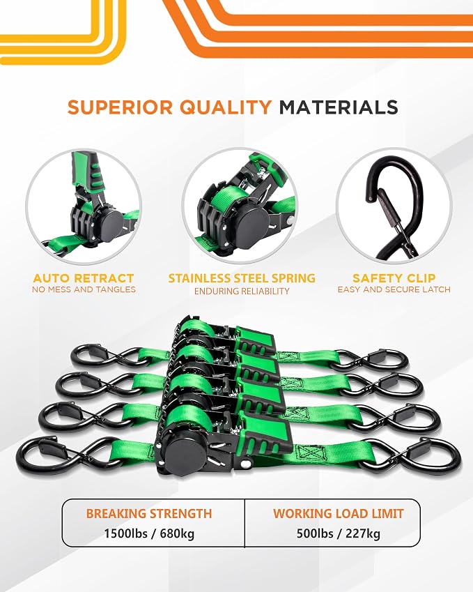 Strapinno 4pcs Retractable Ratchet Straps Bundle 1in x 6ft Ratchet Tie Down with Rubber Coated Steel Handle, S Hooks, Breaking Strength 1500 lbs Each (Green Strap, Black Coated)