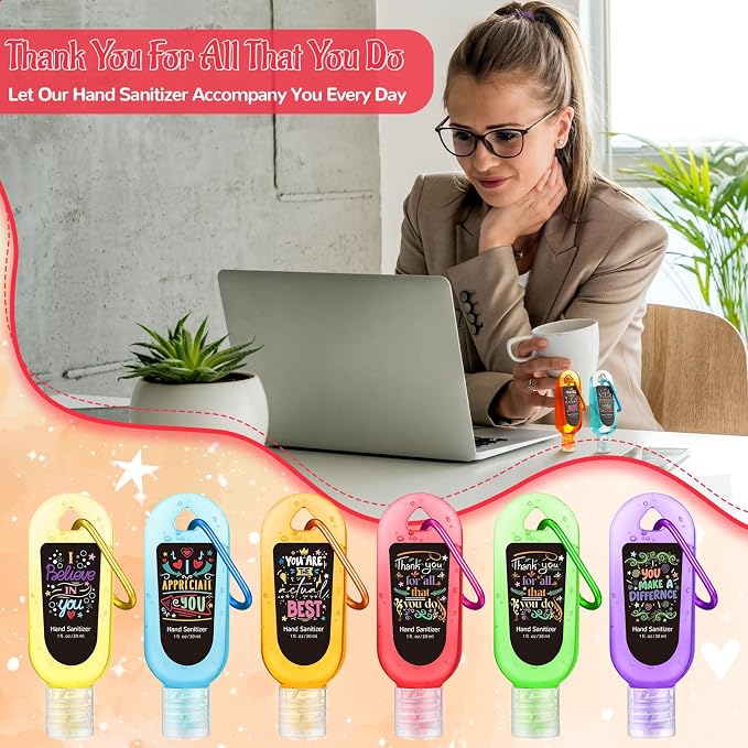 24 Pack Inspirational Scented Hand Sanitizers Keychain Gift Mini Hand Sanitizer Bulk 1 oz Travel Size Sanitizer Gel Thank You Gift for Teachers Women Team Coworker Graduation Party Favors