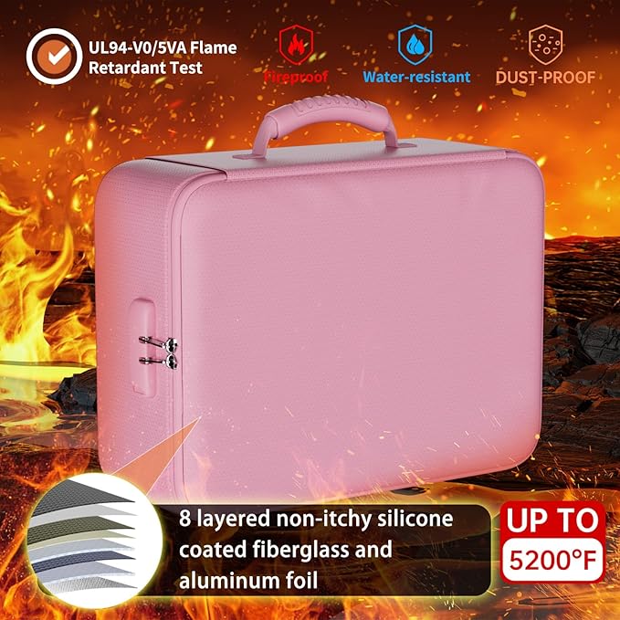 DocSafe 5200°F Fireproof Document Organizer Box with Lock, Pink (Soft) | Heat Insulated 8 Layers File Protection Bag,Water-Resistant Zipper,Portable Home Office Travel Safe Storage for Files,Laptop