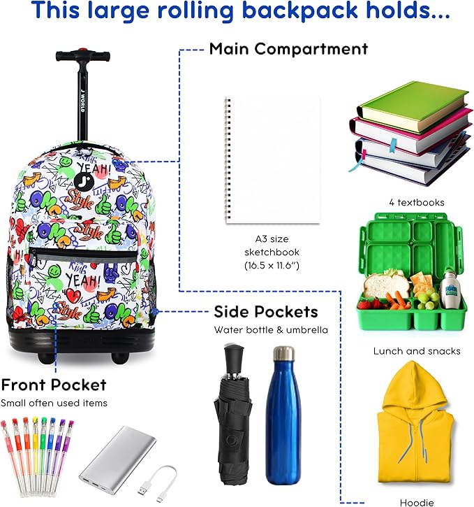J World Sunrise Kids Rolling Backpack for Girls Boys. Roller Bookbag With Wheels For School, Street Art