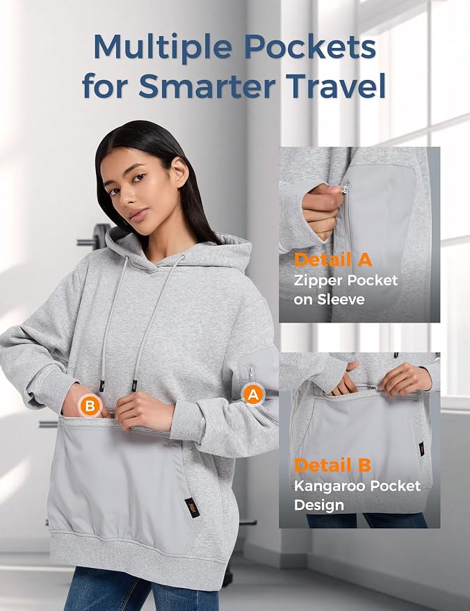 Travel Hoodie with Built-In Eye Mask for Airplane Travel Breathable Comfort Pullover Sweatshirt Multiple Pockets