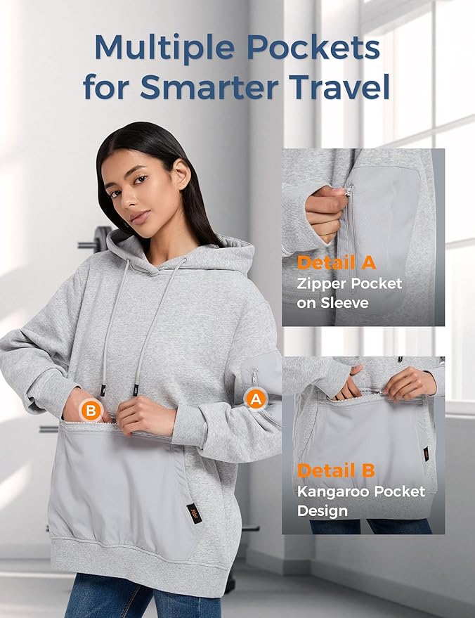 Travel Hoodie with Built-In Eye Mask for Airplane Travel Breathable Comfort Pullover Sweatshirt Multiple Pockets