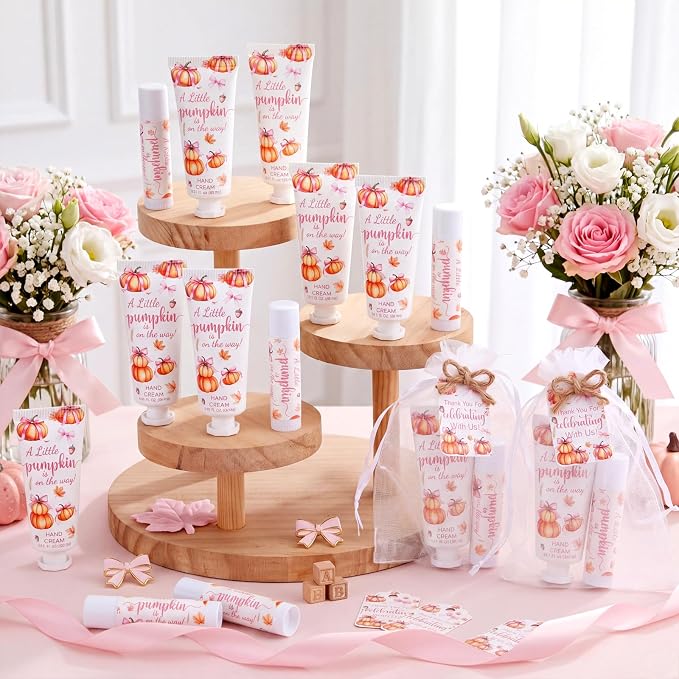 24 Sets Fall Pink Bow Pumpkin Baby Shower Hand Cream Lip Balm Gift Little Pumpkin Baby Shower Party Favors Travel Size Hand Lotion Lip Balm Bulk with Organza Bag Tags Birthday for Guest Kids