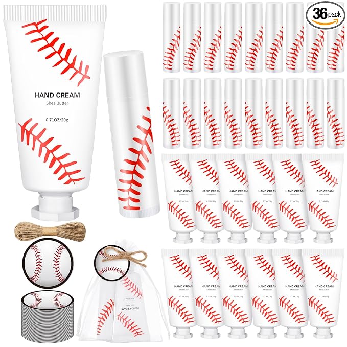 144 Pcs Lip Balm Hand Cream Set Party Favors, Include 36 Lip Balm 36 Moisturizing Hand Cream 36 Bags 36 Cards and Ropes for Accessories Gifts(Red and White,Baseball)
