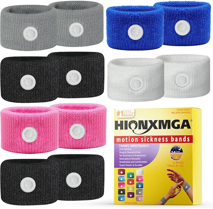 HIONXMGA 6 Pairs Motion Sickness Bands – Natural Anti Nausea Acupressure Wristbands for Morning & Motion Sickness Relief – Ideal for Car, Cruise & Flight Travel – for Adults and Kids
