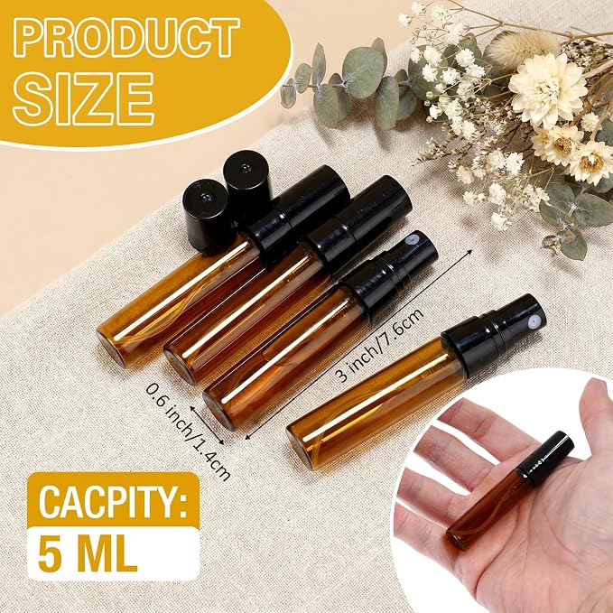 Tanlade 300 Pcs 5ml Mini Spray Bottles Refillable Brown Glass Travel Perfume Atomizer Mouthwash Bottle Cologne Small Sample Containers for Essential Oils, Retailers