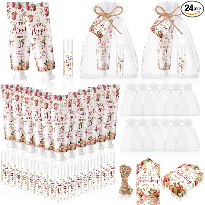 24 Sets Fall Apple Theme Baby Shower Hand Cream and Lip Balm Gift The Apple of Our Eye Baby Shower Party Favors Travel Size Hand Lotion and Lip Balm Bulk with Organza Bag Tag for Guest