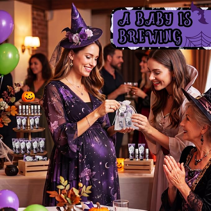 Batiyeer 25 Sets/100 Pcs Halloween Baby Shower Party Favors Bulk Baby Is Brewing Travel Size Hand Cream and Lip Balm Sets for Halloween Gender Reveal Party Supplies, with Cards Organza Bags