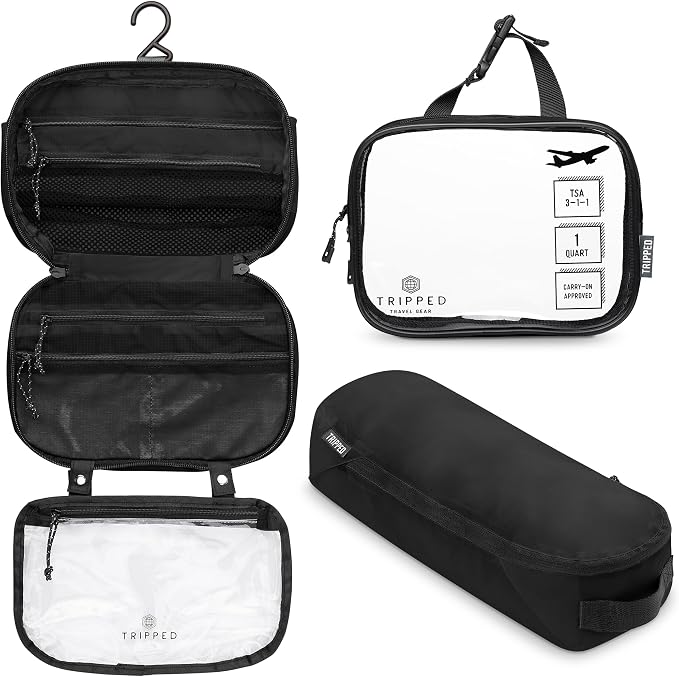 Toiletry Bag Kit 3 Piece Set: Hanging Travel Toiletry Bag + 311 TSA Cosmetic Liquid Bag + Accessory Organizer Pouch