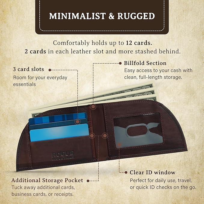ROGUE WALLET Genuine Leather Wallets for Men – Minimalist, Classic Curved Slim Front Pocket w/ 3 Card Slots, Plastic ID Card Slot & Full Billfold Section – Perfect Gifts for Men (Brown)