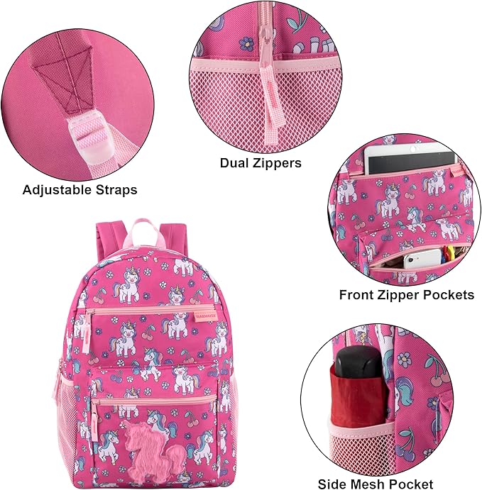 Trail maker 17” Kids Character School Backpacks Plush for Girls with Side Pockets, Padded Straps