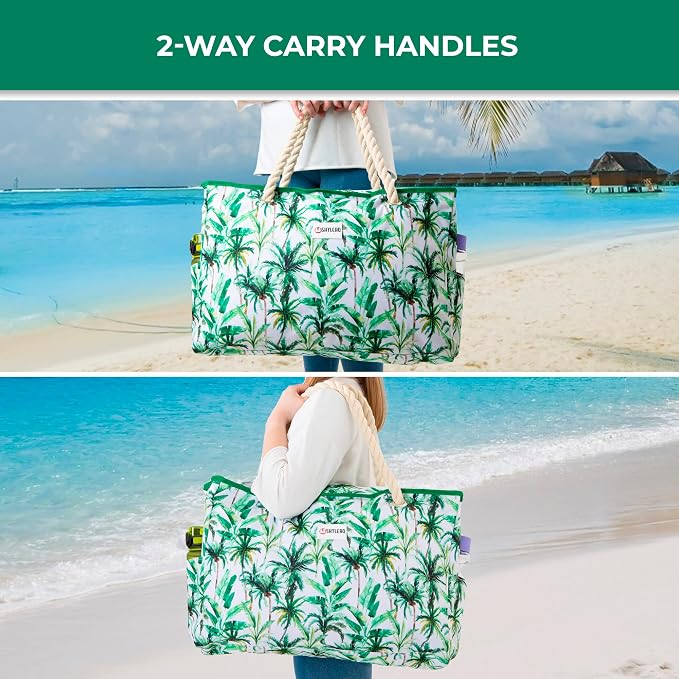 Beach Bag and Pool Bag Has Cooler Pocket, 7 Pockets Total, Zip Top. Family Size Waterproof Beach Tote