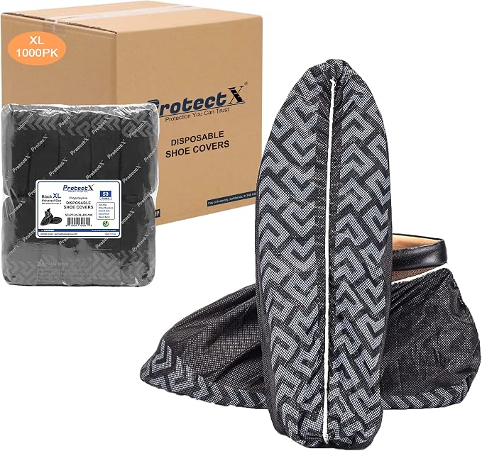 ProtectX Premium Disposable Shoe Covers, Extra Large 1000-pack (500 pairs), Slip Resistant, Durable Non-Woven Polypropylene Fabric for Booties, Fits Up to 14 US Men and all US Women Size, Black