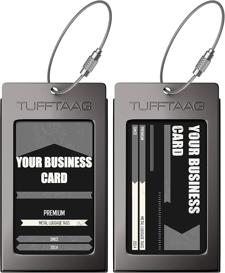Luggage Tags Business Card Holder by TUFFTAAG - Durable Travel ID Bag Tag, Gunmetal Steel, 2 Tags