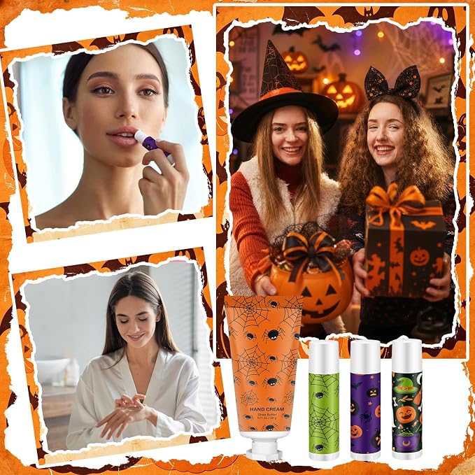 144 Pcs Halloween Lip Balms Hand Cream Sets Halloween Party Supplies Including 36 Ghost Pumpkin Lip Balm and Spider Moisturizing Hand Cream 36 Organza Bags Cards and Ropes for Thank You Gifts