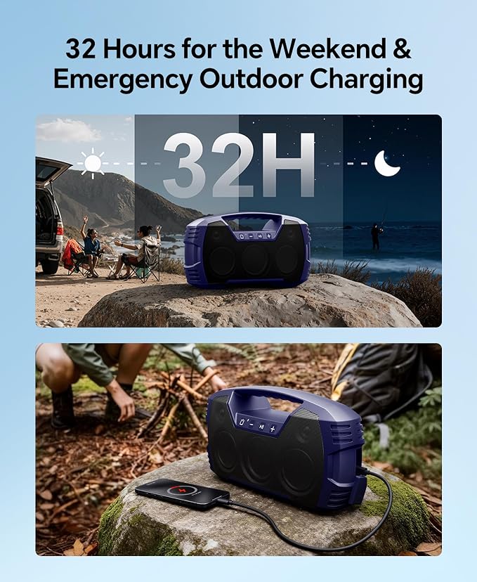 IPX7 Waterproof Outdoor Bluetooth Speaker, Wireless, 90W(Peak), 32H Playtime, Floating Design, Deep Bass & Loud Stereo Sound, Portable with Handle, Rugged for Pool, Beach, Kayaking, Hiking, Navy Blue