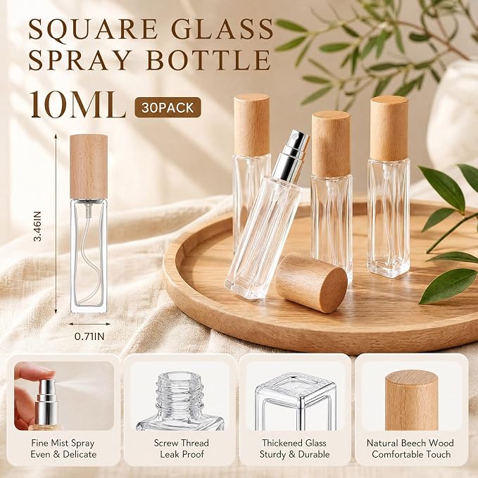 Roshtia 30 Pcs 0.33 oz/ 10 ml Beech Wood Color Glass Spray Bottle Refillable Perfume Atomizer Clear Decorative Empty Bottles with Fine Mist Sprayer Pump for Face Body Travel