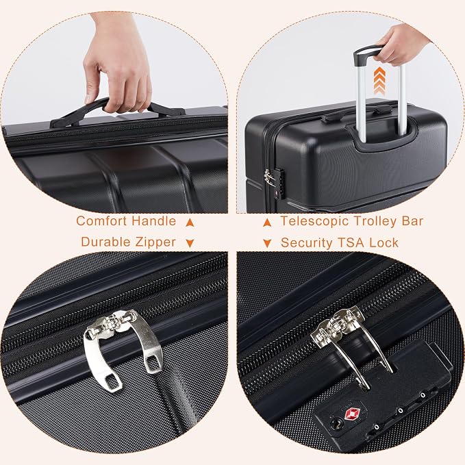 Sweetcrispy 28 Inch Checked Luggage, ABS Lightweight Rolling Hard Shell Suitcase with Smooth Spinner Wheels, Built-in TSA Lock, Durable Travel Suitcase for Business and Vacation Trip, Black