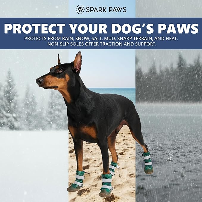 Spark Paws Dog Rainboots, Waterproof Dog Shoes for Medium to Large Dogs, Non Slip, Dog Booties and Paw Protectors - 4PCS Doggie Hiking Boots with Reflective Straps - Green Camo, Size 6