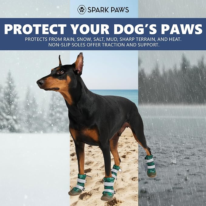 Spark Paws Dog Rainboots, Waterproof Dog Shoes for Medium to Large Dogs, Non Slip, Dog Booties and Paw Protectors - 4PCS Doggie Hiking Boots with Reflective Straps - Green Camo, Size 3