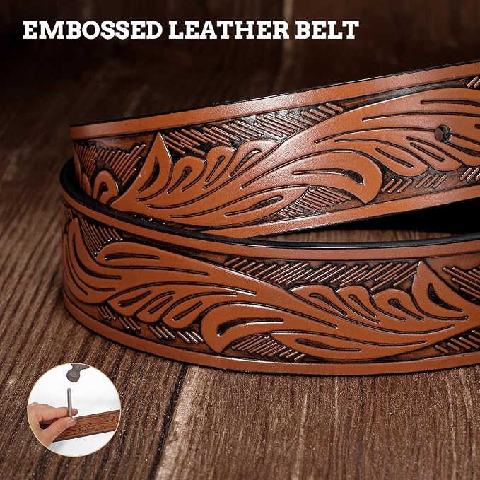 SANSTHS Western Cowboy Belts for Men Women, Mens Western Belt Bull Buckle Country Belt Cowboy Leather Belt for Jeans