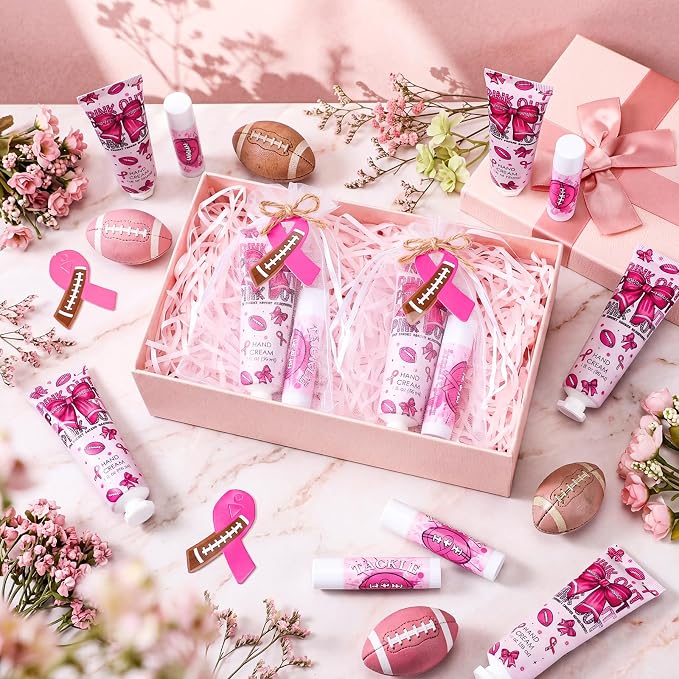 24 Sets Pink out Football Breast Cancer Awareness Favors Breast Cancer Awareness Gift Football Sports Themed Hand Cream Lip Balm Gift for Women Pins Pink Ribbon Travel Size Hand Lotion Lip Balm