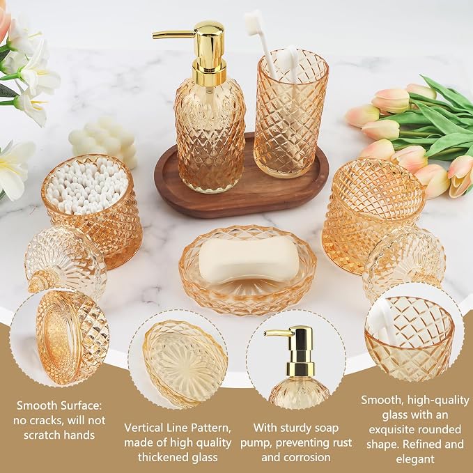 5Pcs Clear Gold Bathroom Accessories Set,Glass Bathroom Accessory Set, Bathroom Counter Sink Toothbrush Holder Set Includes 13.5oz Hand/Lotion Soap Dispenser & Tumbler & Soap Dish & Qtip Holders