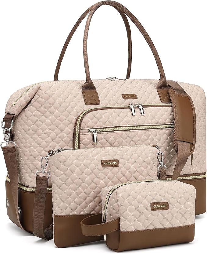 Weekender Bags for Women Travel, Under Seat Carry On Bags for Airplanes Overnight Bag with Shoe Compartment Luggage Sleeve, Foldie Travel Tote Bag Hospital Bag, Travel Gifts, Nude Brown