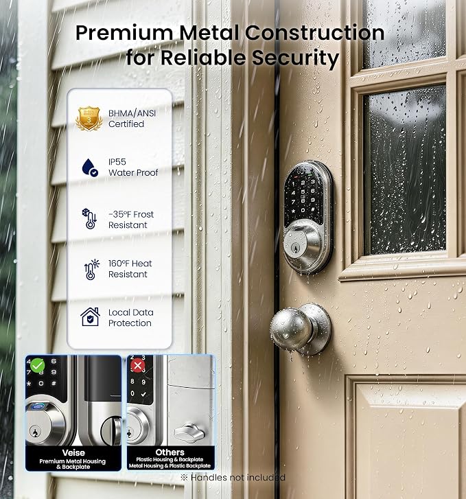 Veise RZ07 Fingerprint Smart Lock, 7-in-1 Smart Locks for Front Door, Keyless Entry Door Lock with App Control & Auto-Lock, Biometric Electronic Touchscreen Keypad Deadbolt, Satin Nickel