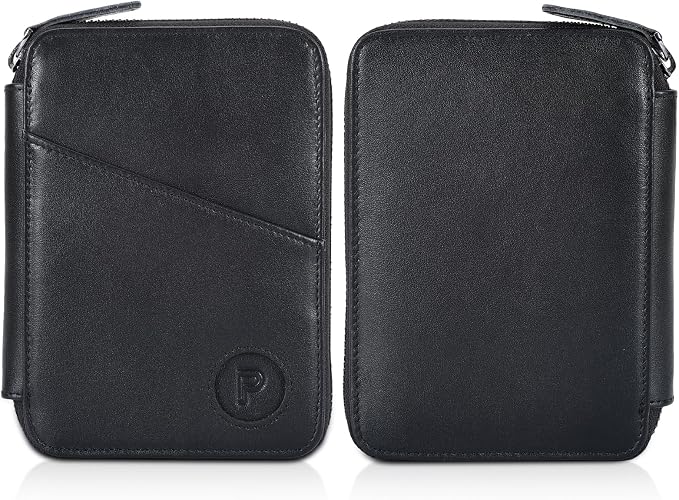 Polare Full Grain Leather Travel Passport Wallet RFID Blocking Passport Holder Soft Bifold Cover Case with YKK Zipper (Black with AirTag Slot)