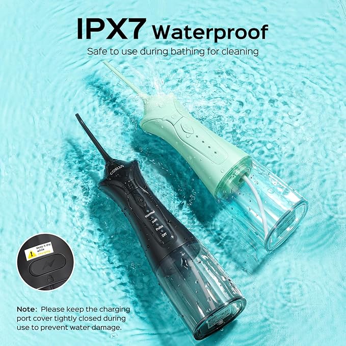COSLUS Water Dental Flosser Pick for Teeth C30(FC5360): 4 Modes Cordless Portable 300ML Larger Tank Water Teeth Cleaner IPX7 Flossing Cleaning Picks for Home Travel Black Green 2pcs Portable Set