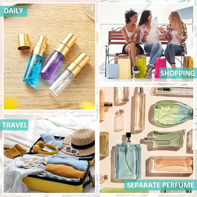 Zhehao 1 Pcs Mini Spray Bottles Clear Glass Perfume Bottles Refillable Fine Mist Perfume Atomizer Portable Empty Sample Containers for Cleaning, Essential Oils, Travel (Gold Cap,3 ml)